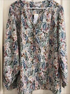 CJ Banks Cream Floral & Leaf Print V-Neck Blouse’s
